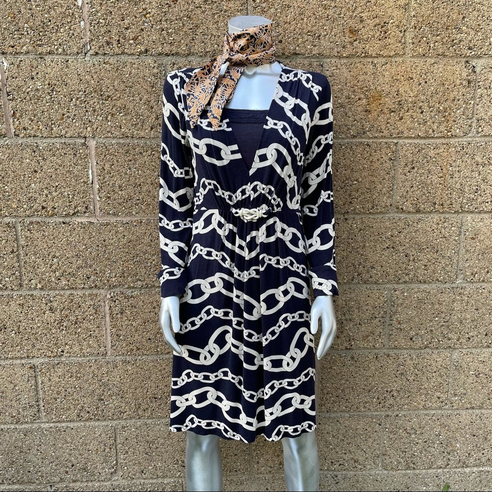 MILLY NAUTICAL PRINT V NECK LONG SLEEVE JERSEY DRESS - L